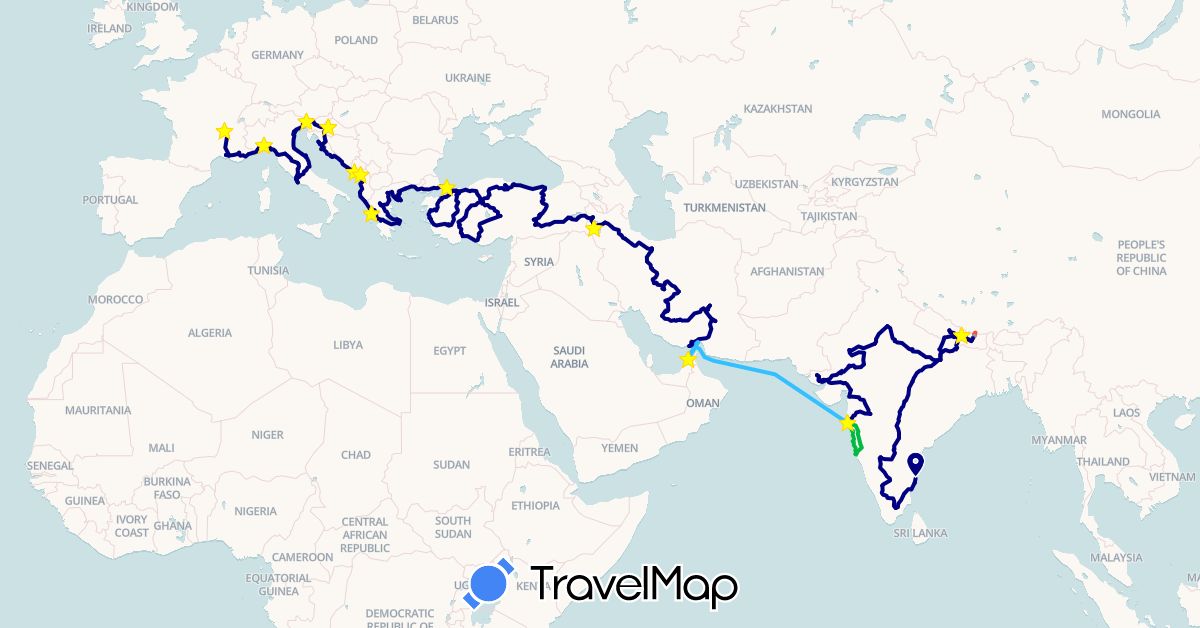 TravelMap itinerary: driving, bus, plane, hiking, boat in United Arab Emirates, Albania, France, Greece, Croatia, India, Iran, Italy, Montenegro, Nepal, Slovenia, Turkey (Asia, Europe)